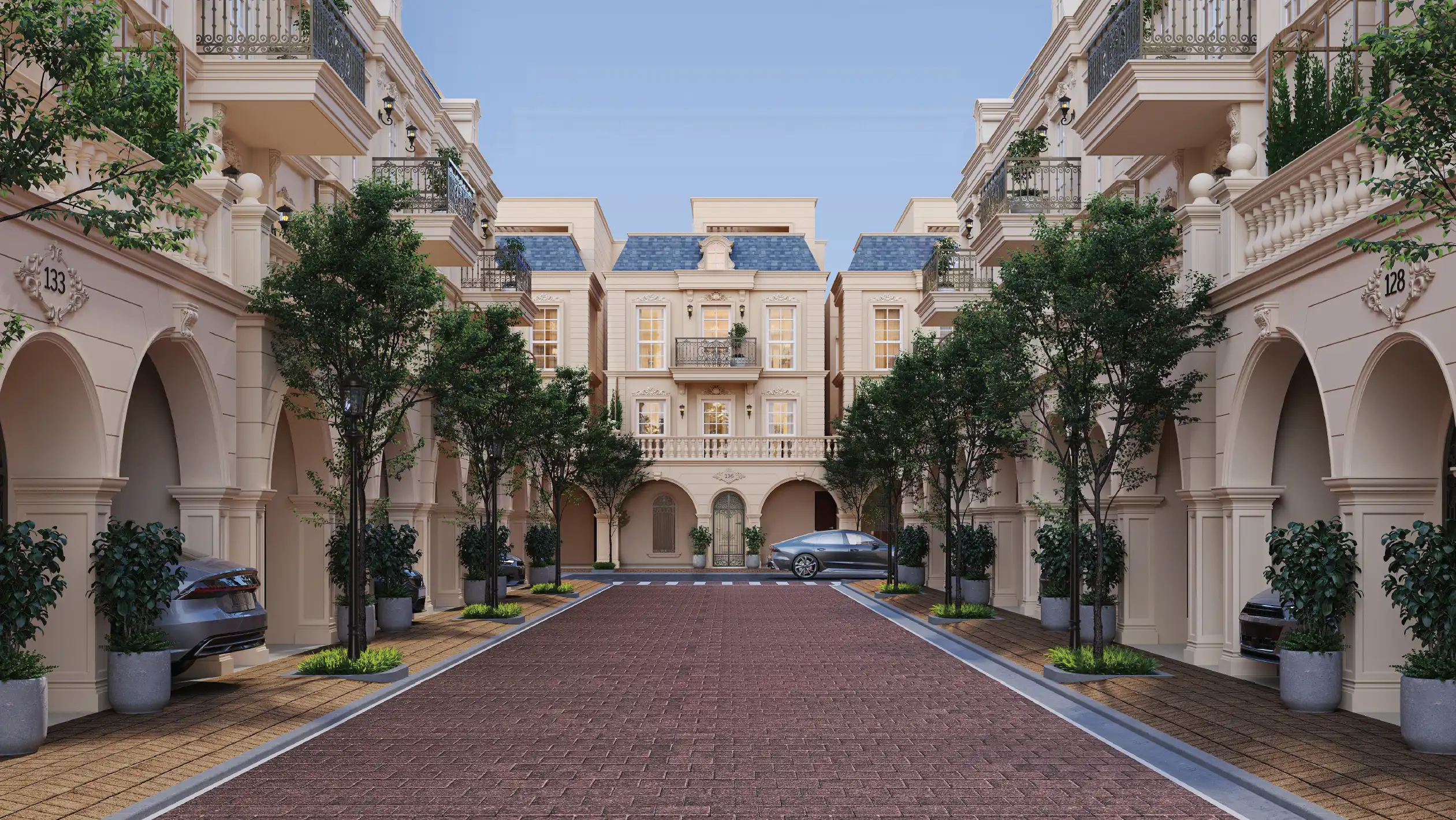 French-style row house facades along a tree-lined avenue at Godrej Florenne, Whitefield